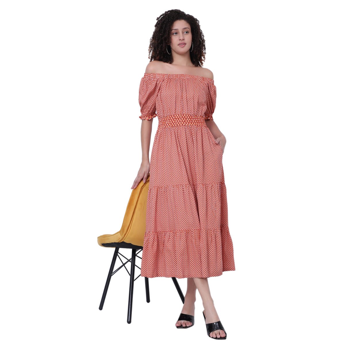 God’s Club Women Printed Orange and White Printed Dress - Image 1
